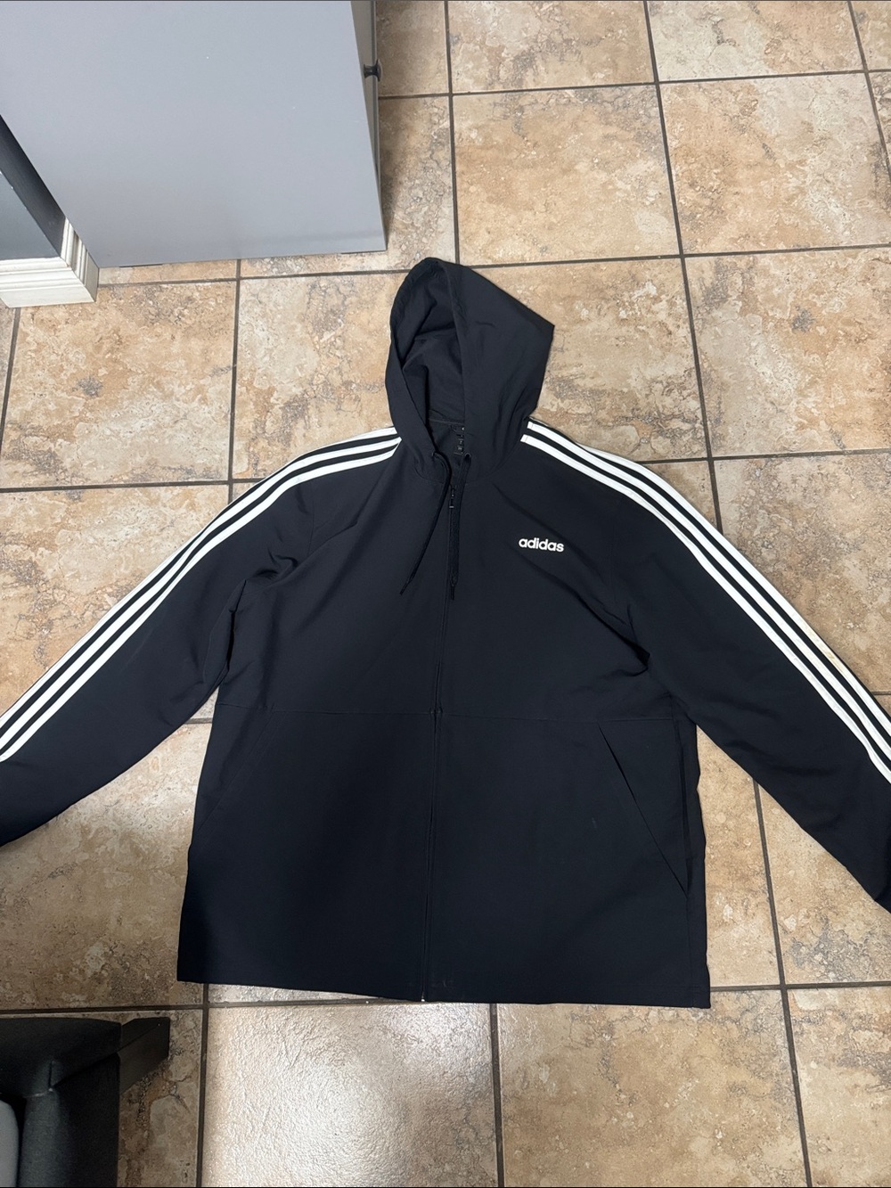 adidas Black Hooded Performance Jacket with White Stripes